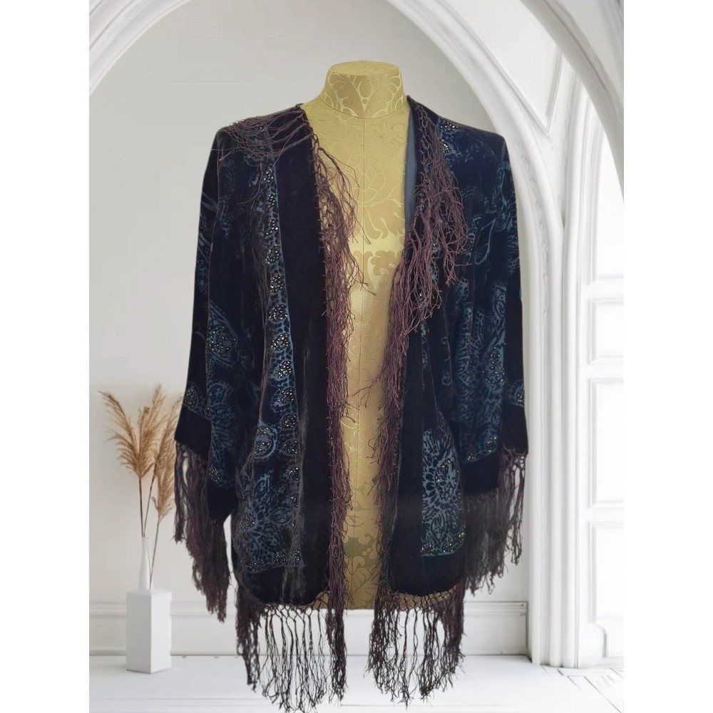 Vintage Bay Studio Velvet Beaded Fringe Bohemian Shawligan Festival Fairycore L